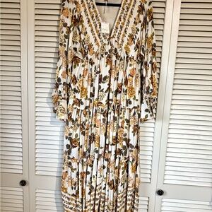 Free People Floral Long Sleeve Dress - Cream and Brown